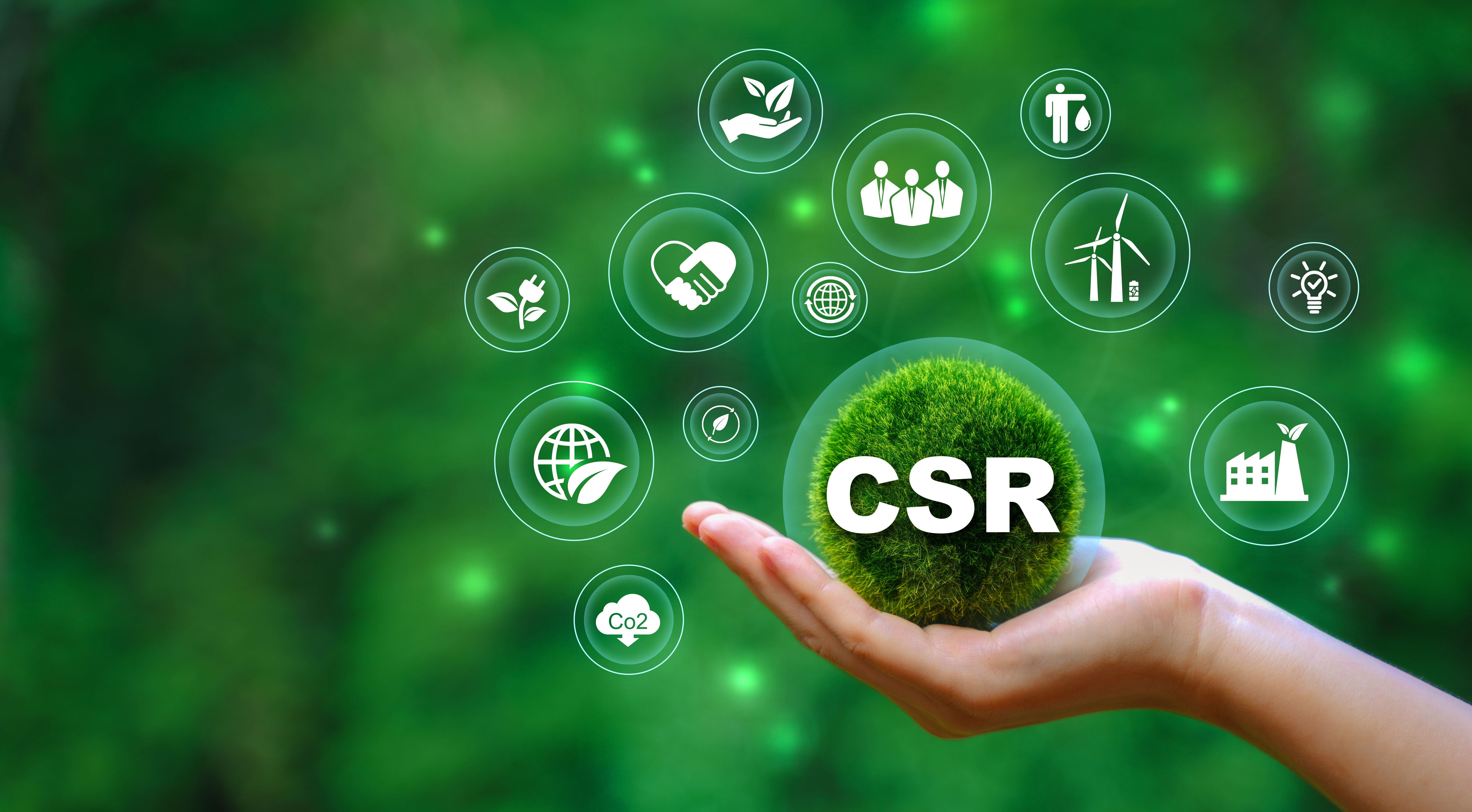 Corporate and community social responsibility give back CSR icon concept on green nature background.