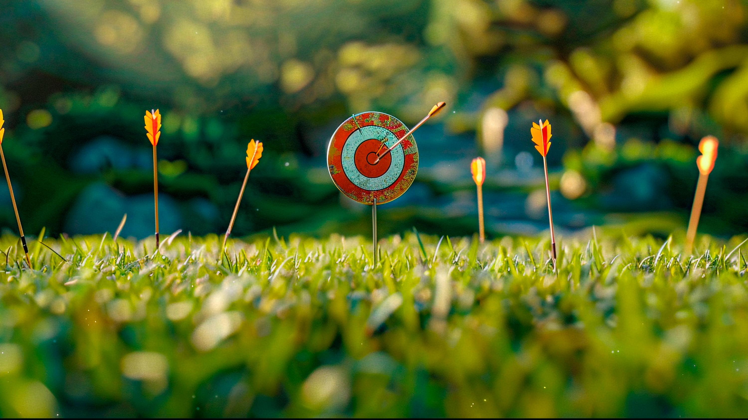 The image shows a reen meadow with a target in the middle with an arrow stuck on it