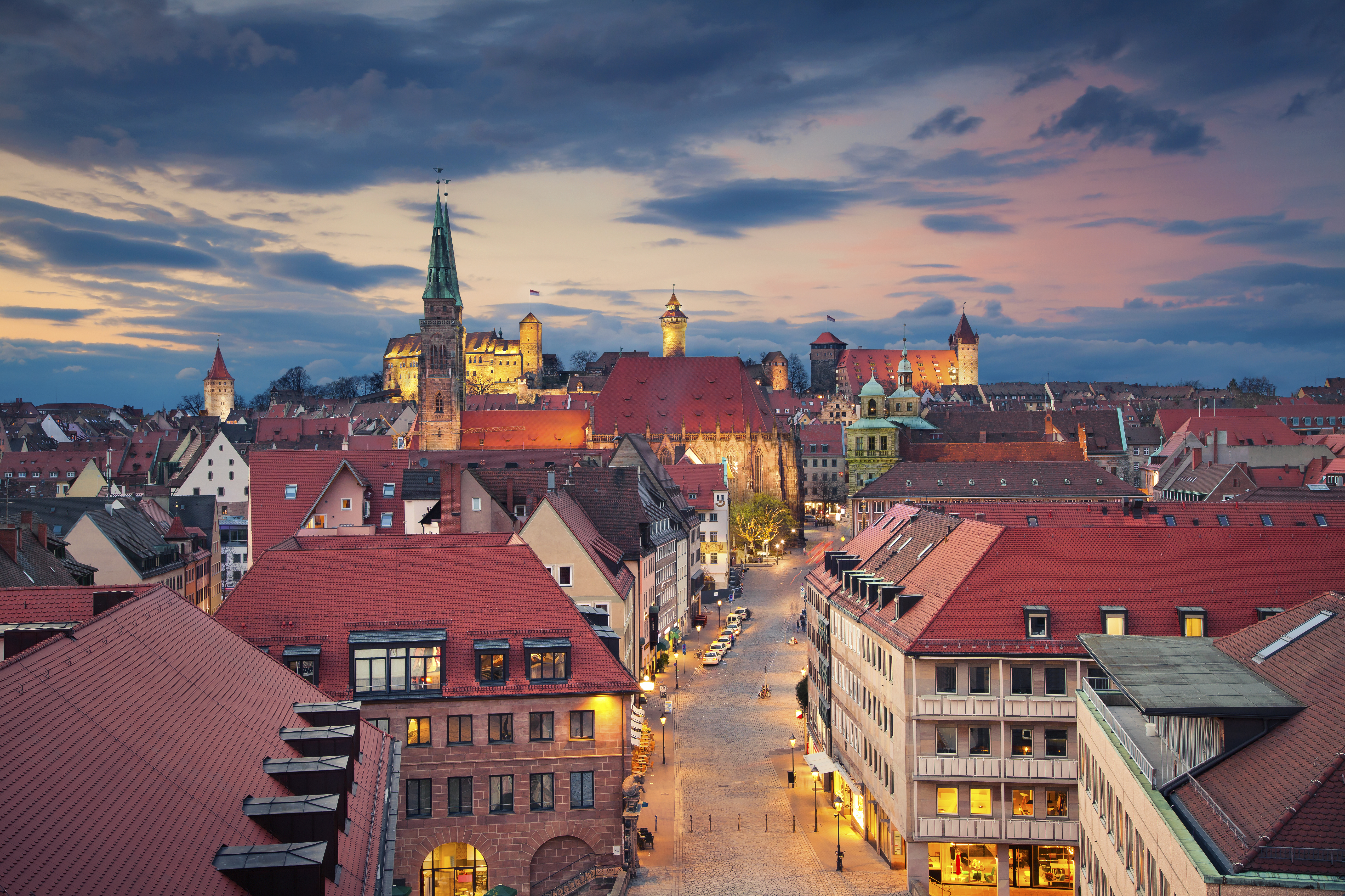 Altstadt, European Culture, Residential Building, Nuremberg, Twilight, Old Town, Medieval, Neo-Classical, Classical Style, History, German Culture, Famous Place, Architecture, Travel Destinations, Urban Scene, Outdoors, Bavaria, Germany, Europe, Sunset, House, Street, Tower, Residential District, Urban Skyline, Cityscape, City, Town, Townscape