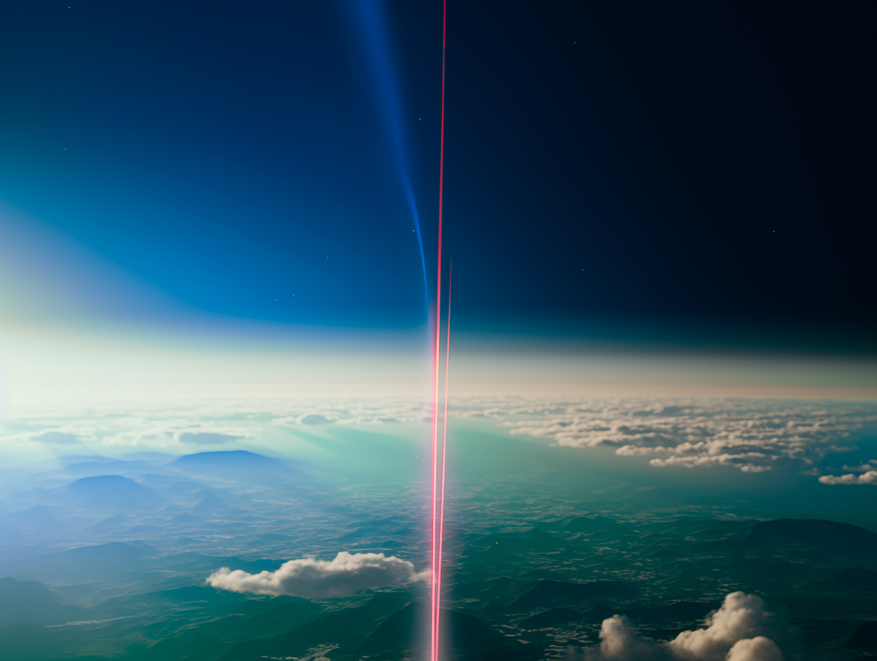 The image shows the stratosphere with the earth and some clouds in the background and in front a red laser ray.